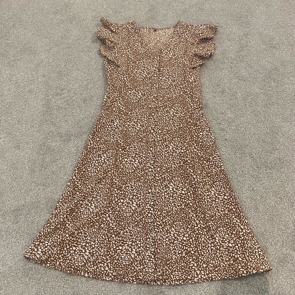 Brown and White Ruffle Sleeve Dress
